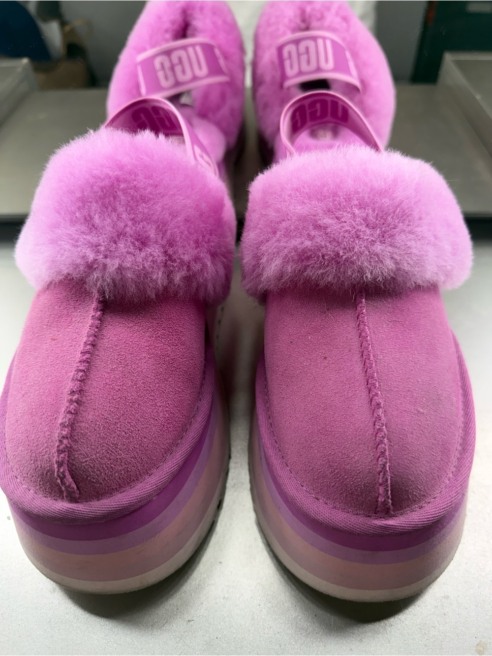 UGG Women's Pink Plush Shearling Platform Mules